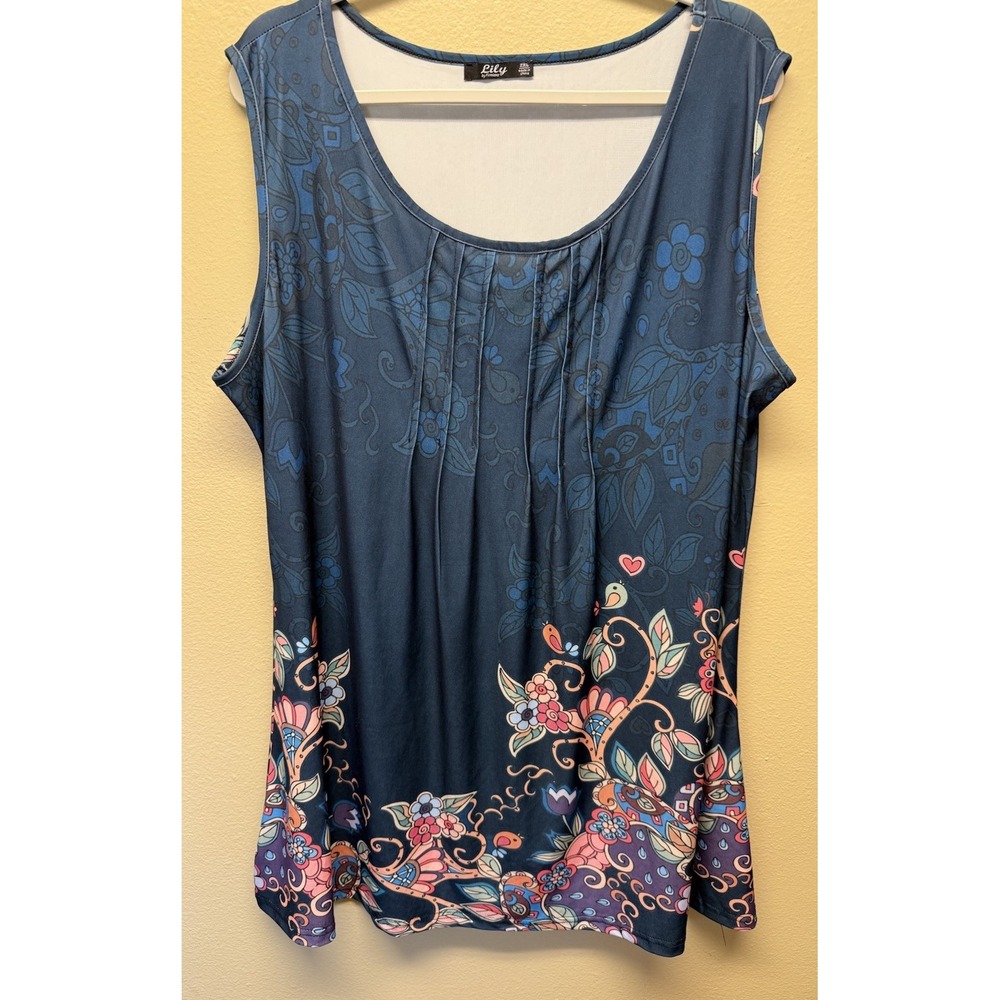 Lily by Firmiana Tunic Top Blue Floral Plus-Size Tank Size 2XL Stretch Pull Over